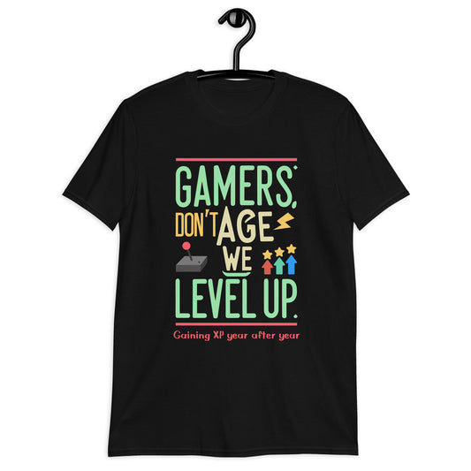 Gamers Don't Age, We Level Up" XP Accumulator T Shirt. Ideal as birthday gift for gamers