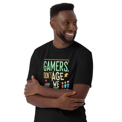 Gamers Don't Age, We Level Up" XP Accumulator T Shirt. Ideal as birthday gift for gamers