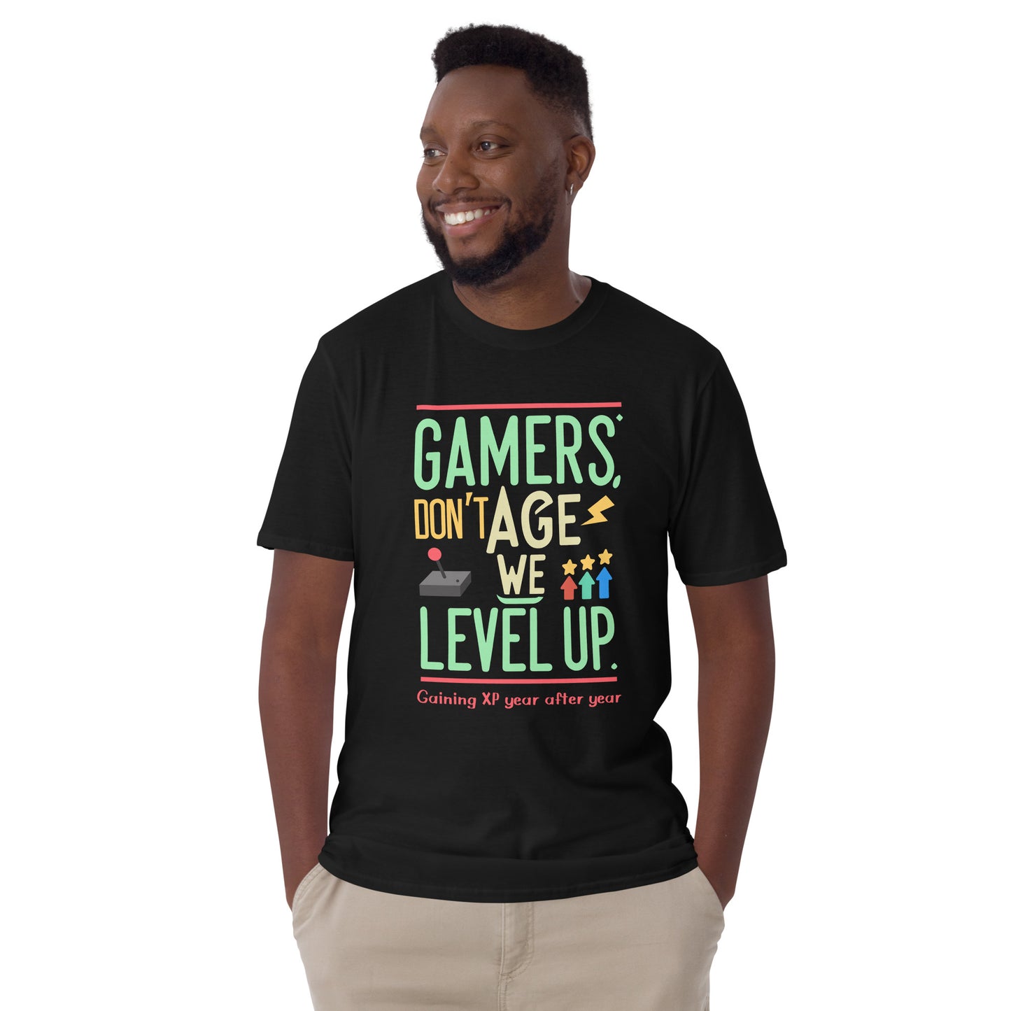 Gamers Don't Age, We Level Up" XP Accumulator T Shirt. Ideal as birthday gift for gamers