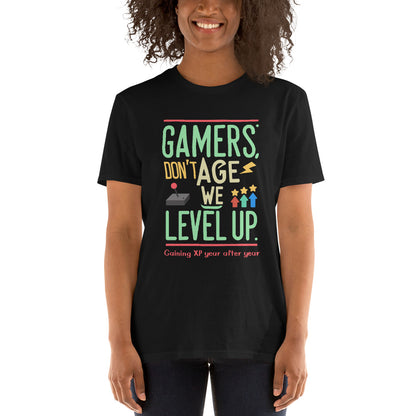 Gamers Don't Age, We Level Up" XP Accumulator T Shirt. Ideal as birthday gift for gamers