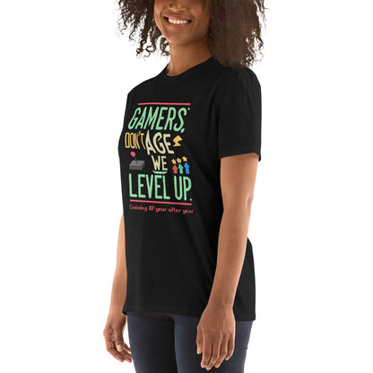 Gamers Don't Age, We Level Up" XP Accumulator T Shirt. Ideal as birthday gift for gamers